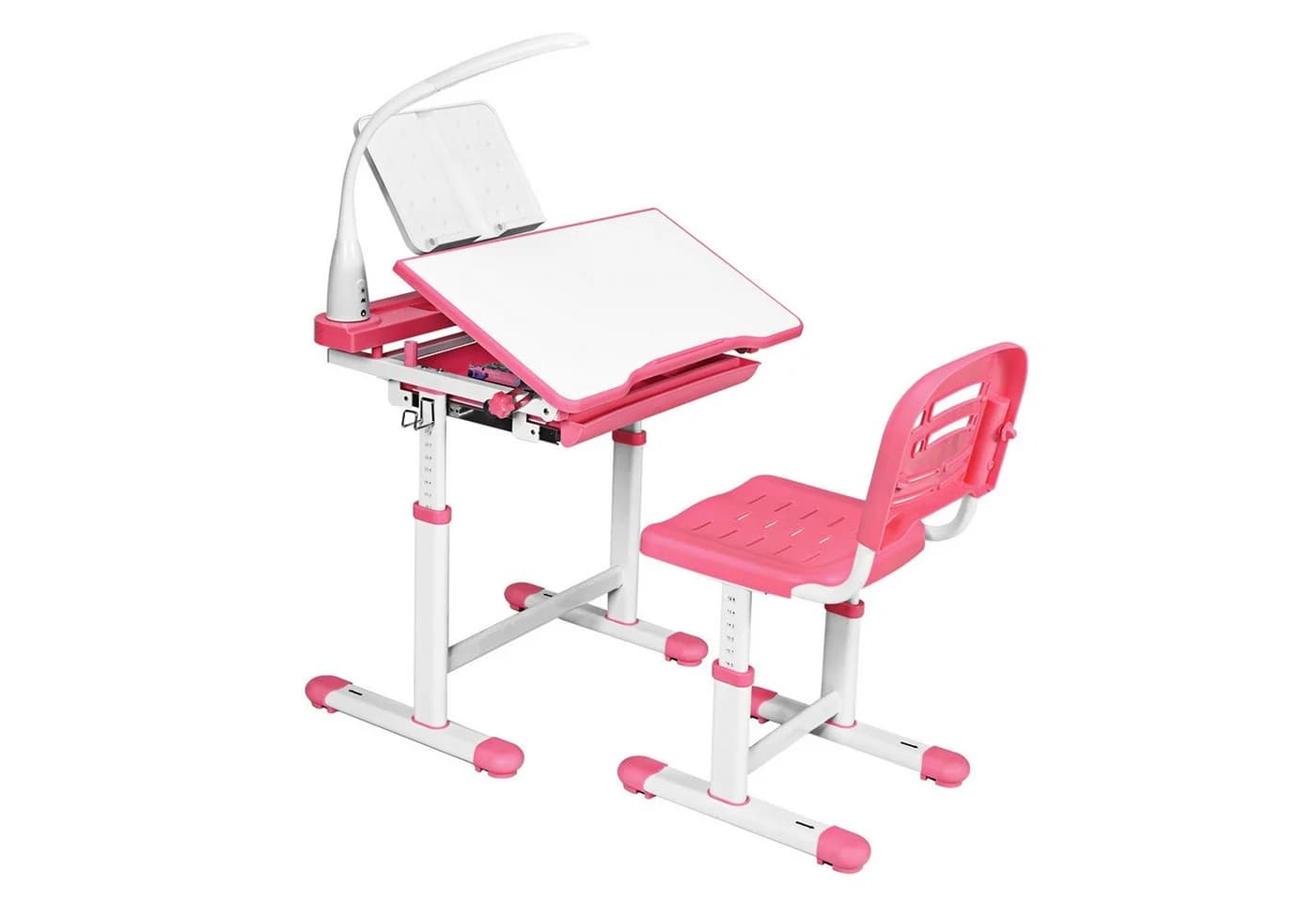 COSTWAY Kinderschreibtisch Rosa mit Stuhl, Lampe & Schublade, höhenverstellbar - Bild 2