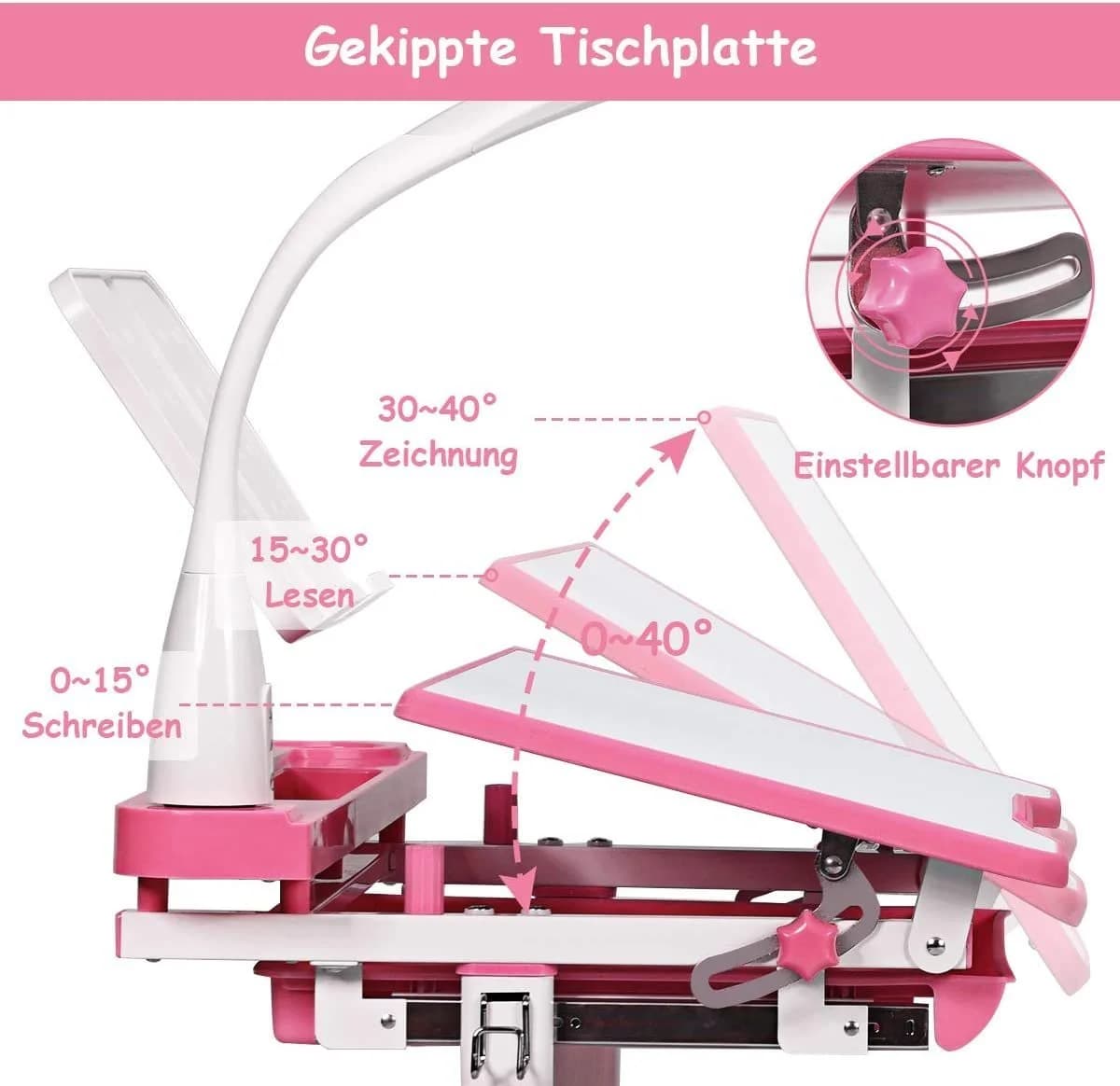 COSTWAY Kinderschreibtisch Rosa mit Stuhl, Lampe & Schublade, höhenverstellbar - Bild 3