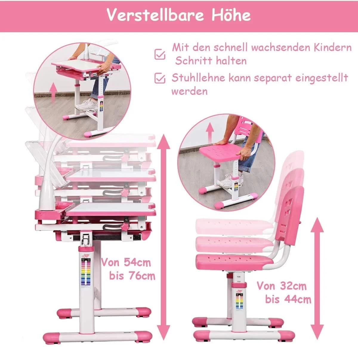 COSTWAY Kinderschreibtisch Rosa mit Stuhl, Lampe & Schublade, höhenverstellbar - Bild 4