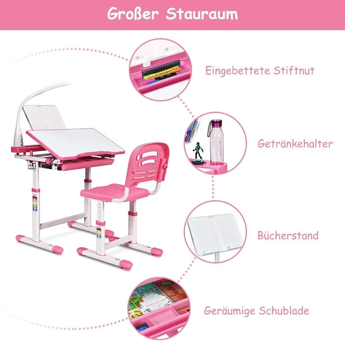 COSTWAY Kinderschreibtisch Rosa mit Stuhl, Lampe & Schublade, höhenverstellbar - Bild 5