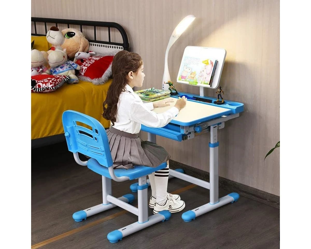 COSTWAY Kinderschreibtisch Blau mit Stuhl, Lampe & Schublade, höhenverstellbar