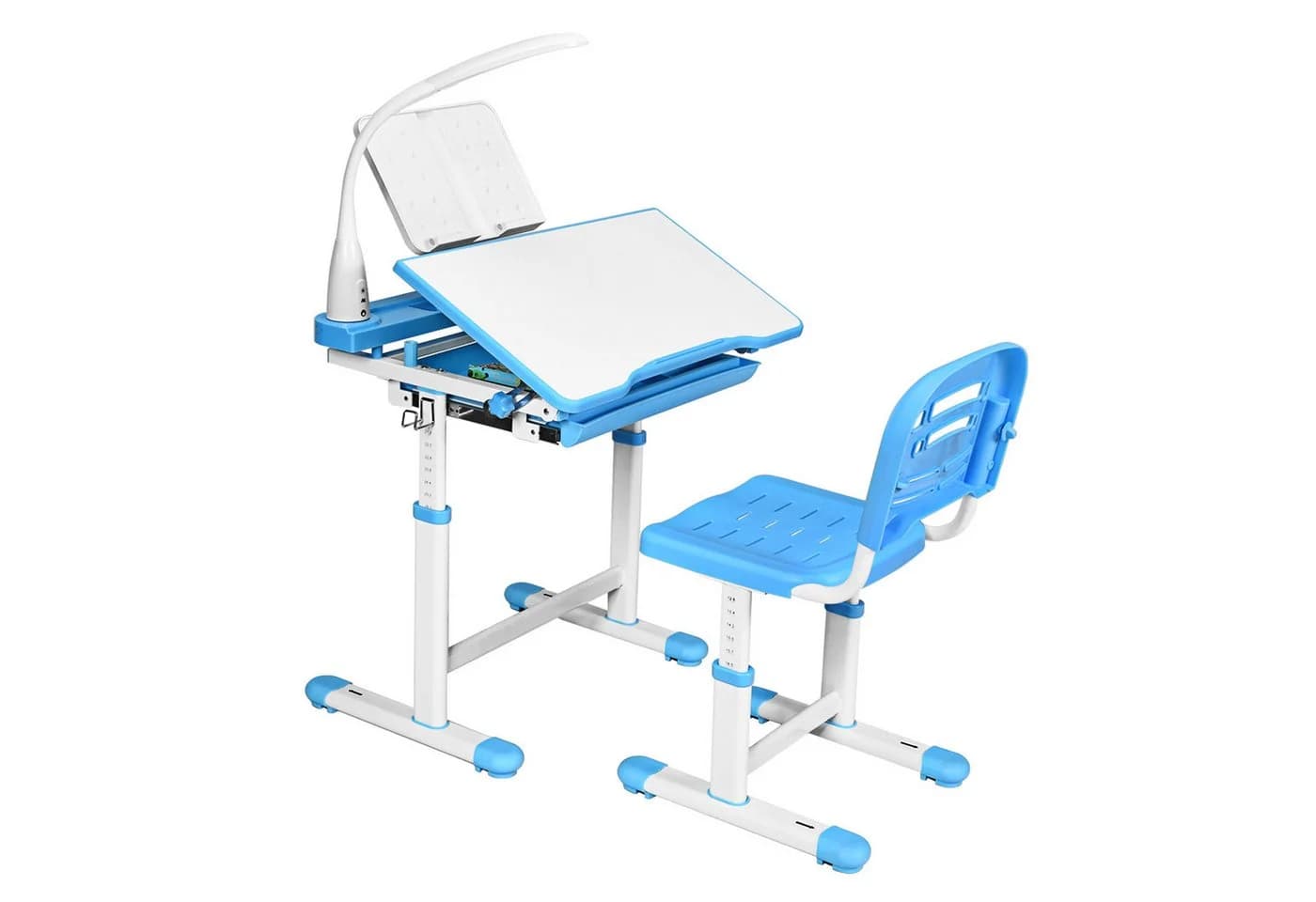 COSTWAY Kinderschreibtisch Blau mit Stuhl, Lampe & Schublade, höhenverstellbar - Bild 2