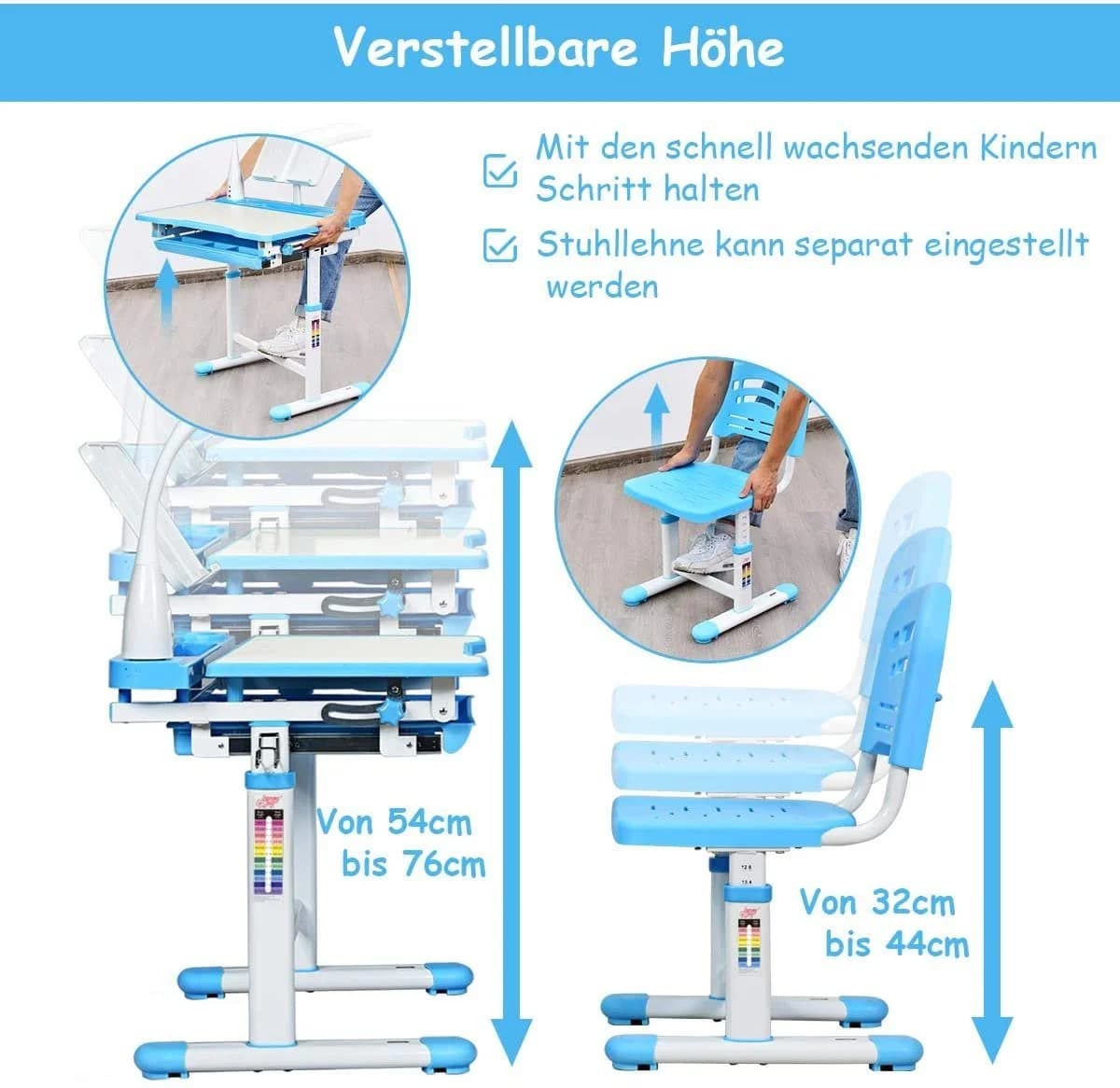 COSTWAY Kinderschreibtisch Blau mit Stuhl, Lampe & Schublade, höhenverstellbar - Bild 3