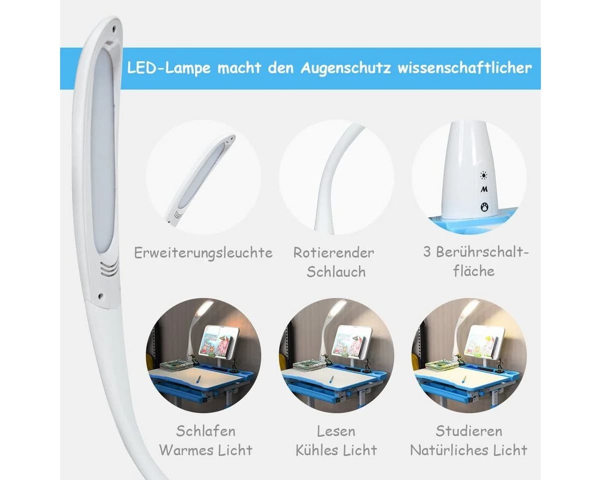 COSTWAY Kinderschreibtisch Blau mit Stuhl, Lampe & Schublade, höhenverstellbar - Bild 5
