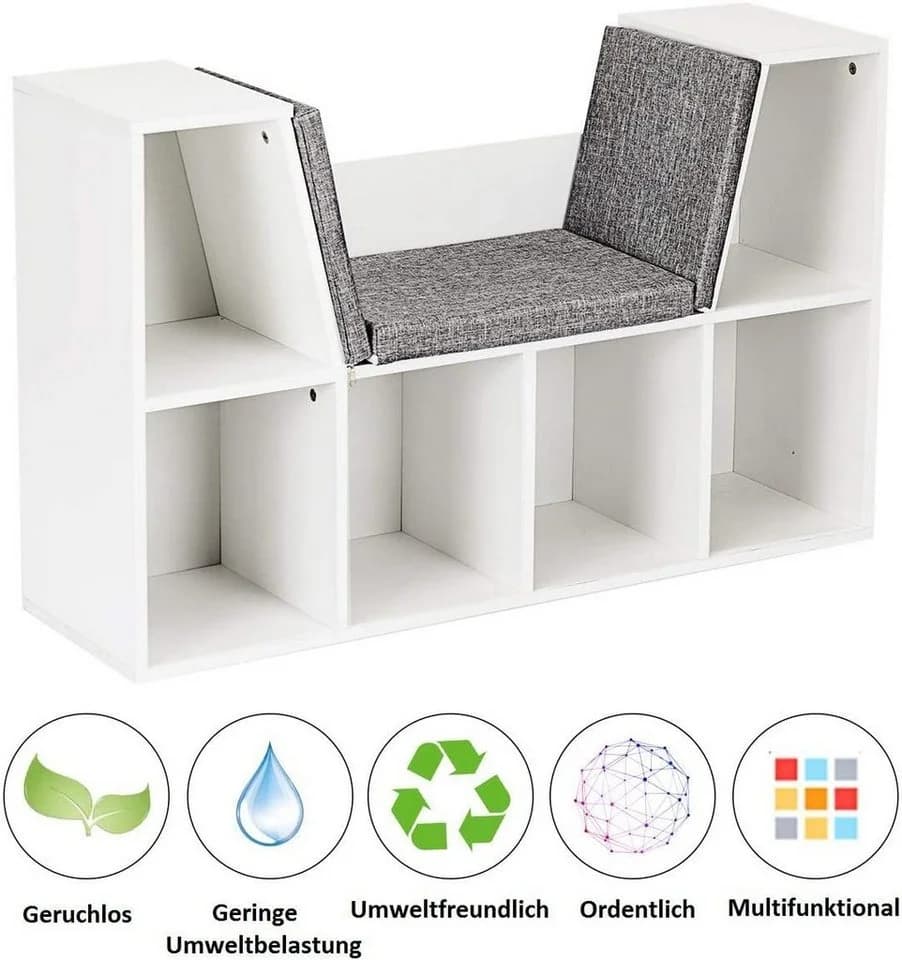 COSTWAY Bücherregal mit Leseecke und Kissen, 6 Fächer, Weiß