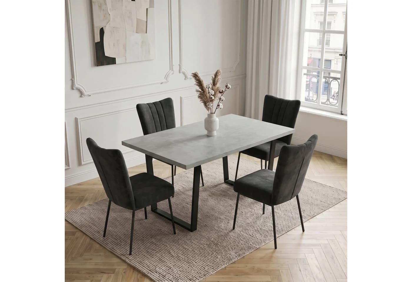 Jiexi Essgruppe 110x70 cm mit Samtstühlen U-Metallgestell