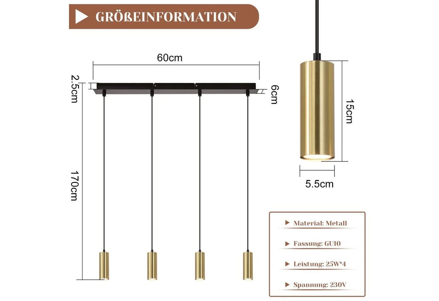 Nettlife Pendelleuchte 4-Flammig Holz Esstisch Höhenverstellbar LED wechselbar Gold