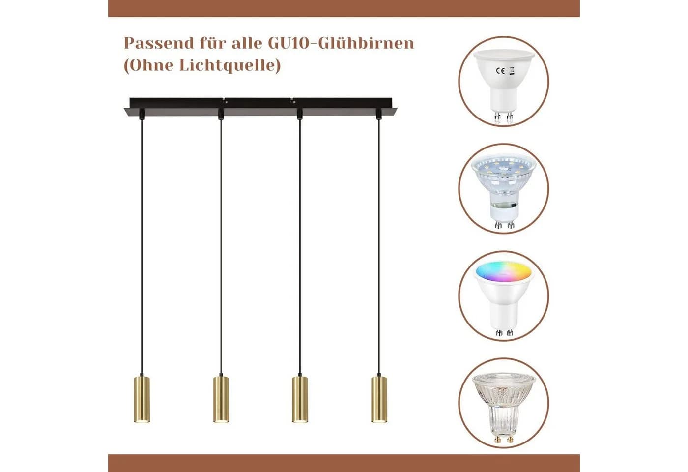 Nettlife Pendelleuchte 4-Flammig Holz Esstisch Höhenverstellbar LED wechselbar Gold - Bild 4