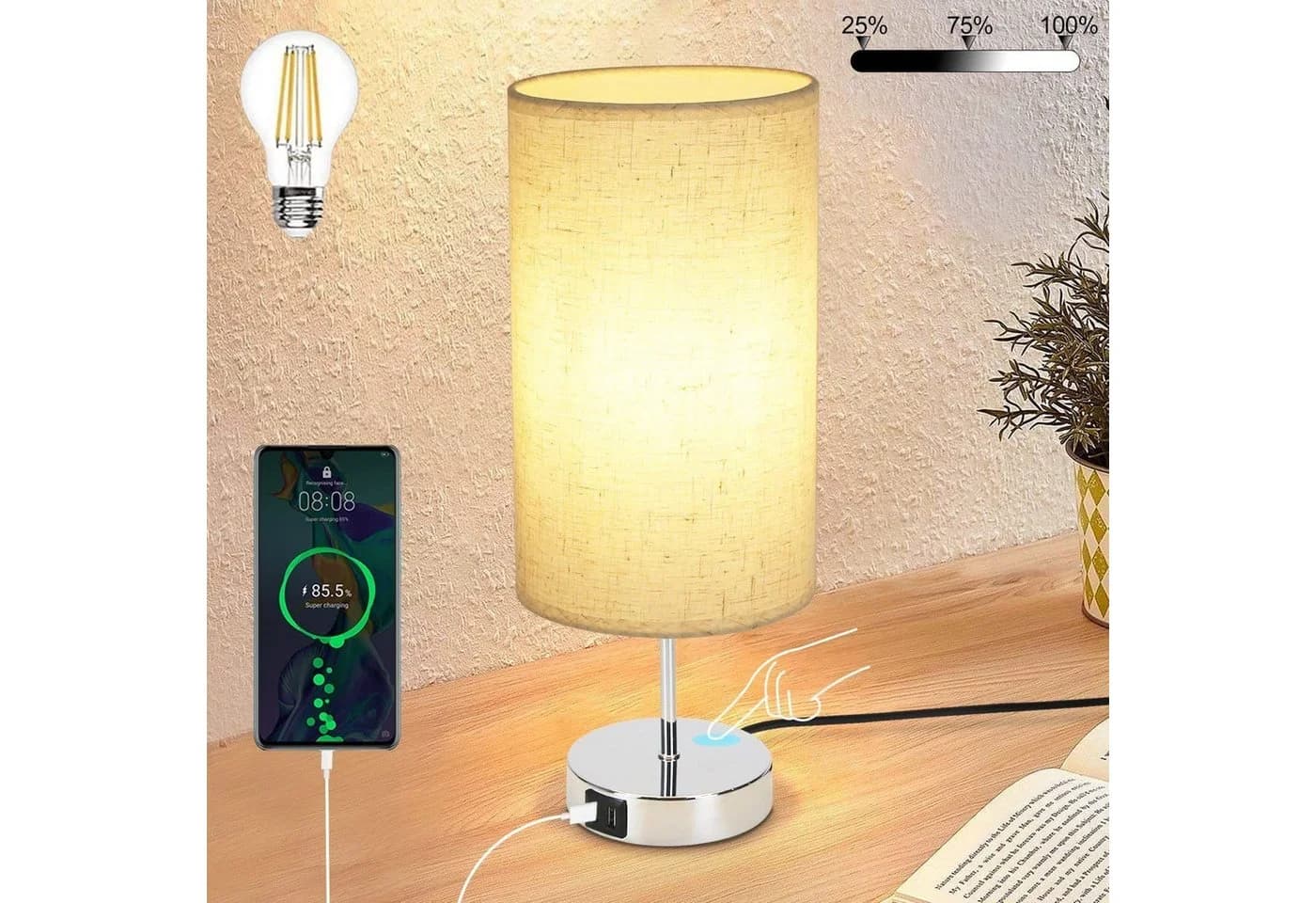 Nettlife Nachttischlampe Touch Dimmbar USB Warmweiß - Bild 2