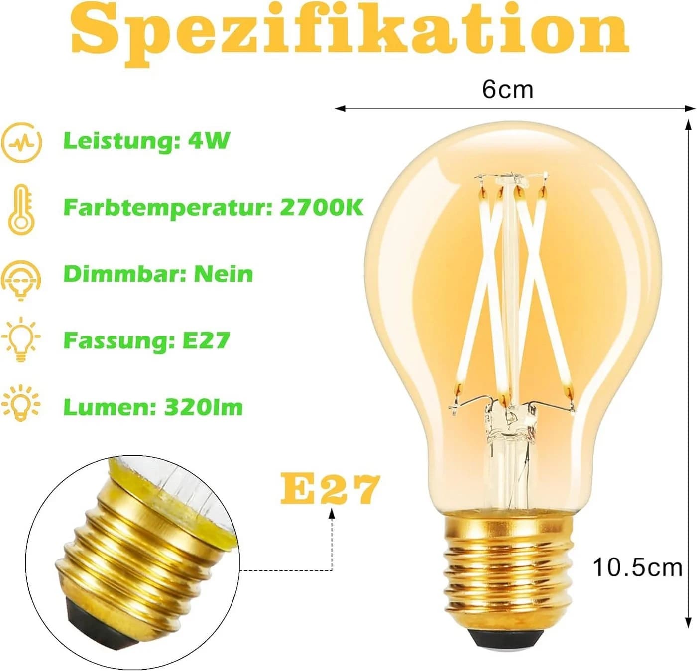 Nettlife LED-Leuchtmittel E27 Vintage A60 Glühbirne 4W 2700K Edison Energiesparlampe, E27, 6 St., Warmweiß