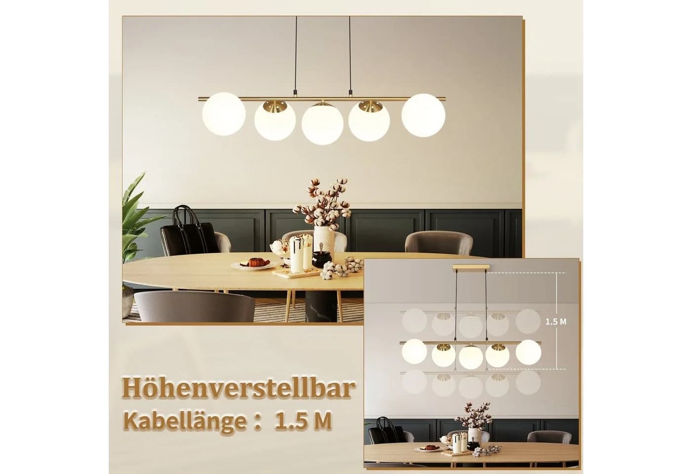 Nettlife Pendelleuchte Schwarz Glas Hängelampe E27 5-Flammig 150cm Höhenverstellbar LED wechselbar - Bild 3