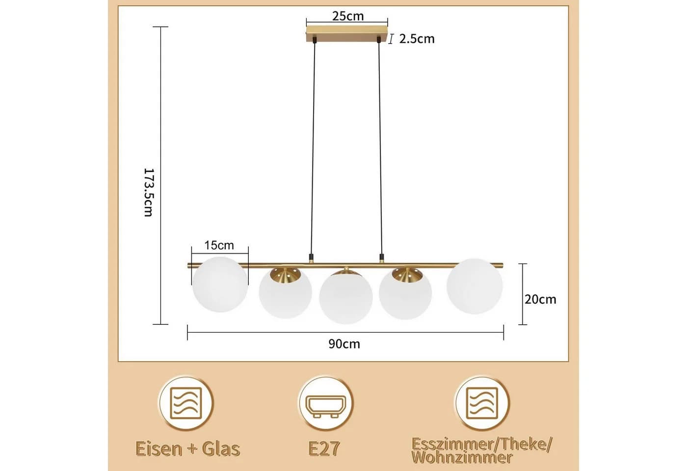 Nettlife Pendelleuchte Schwarz Glas Hängelampe E27 5-Flammig 150cm Höhenverstellbar LED wechselbar - Bild 5