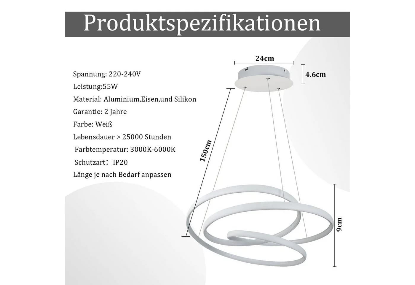 Nettlife LED Pendelleuchte Schwarz Dimmbar mit Fernbedienung - Bild 4