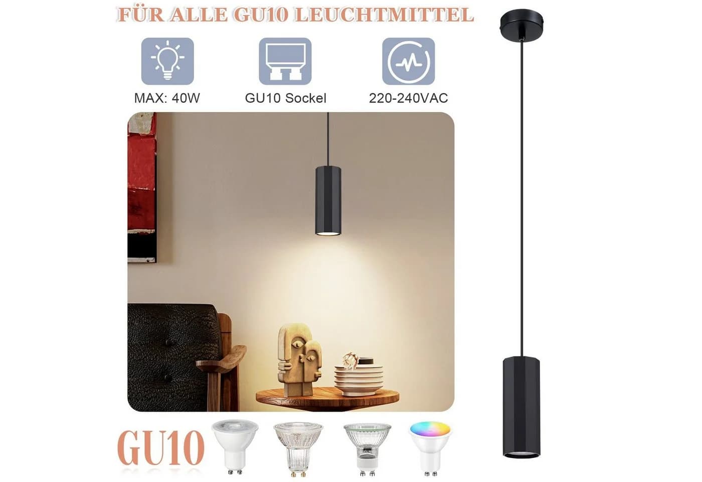 Nettlife Pendelleuchte GU10 Schwarz Modern Höhenverstellbar - Bild 3