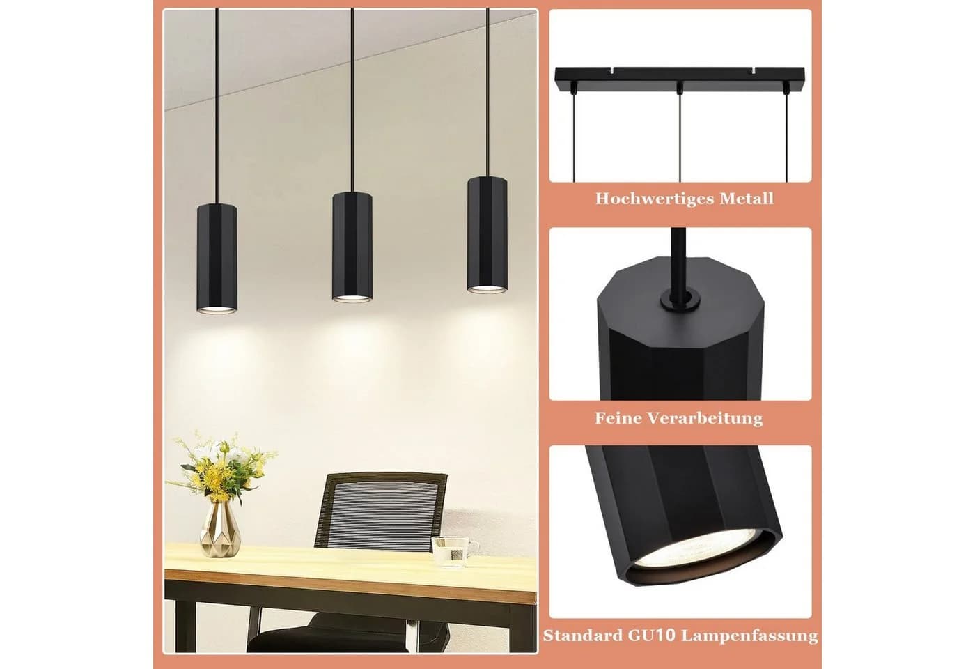 Nettlife Pendelleuchte GU10 Schwarz Modern Höhenverstellbar - Bild 3