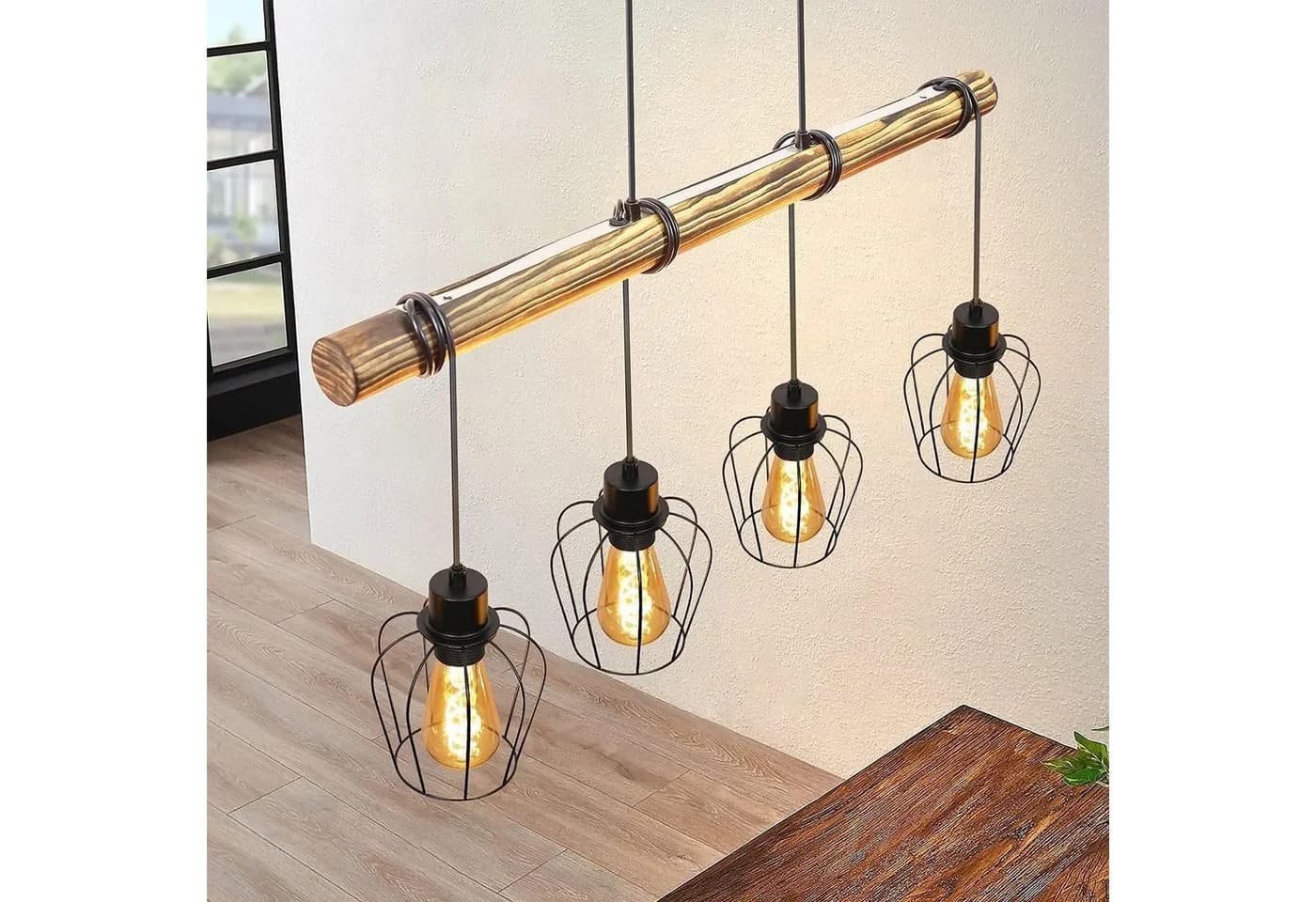 Nettlife Pendelleuchte 4-flammig Holz Höhenverstellbar LED wechselbar
