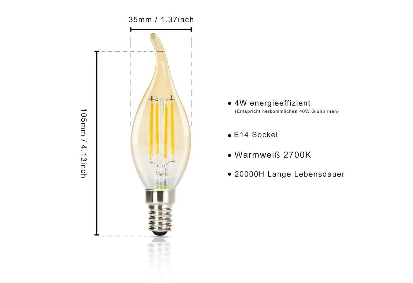 Nettlife LED-Leuchtmittel 6 Stück E14 2700K kerze Birne 4W Filament Retro Edison Glühlampe