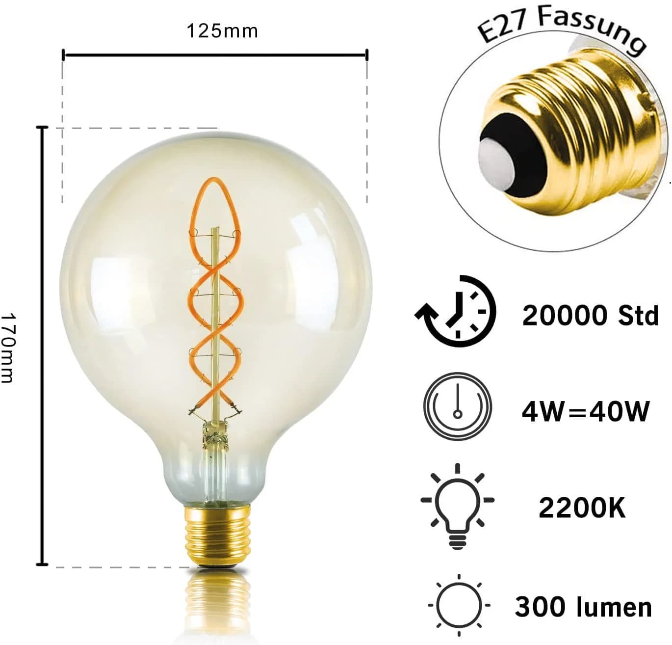 Nettlife LED E27 4W Edison Globelampen G125 Gold - Bild 3