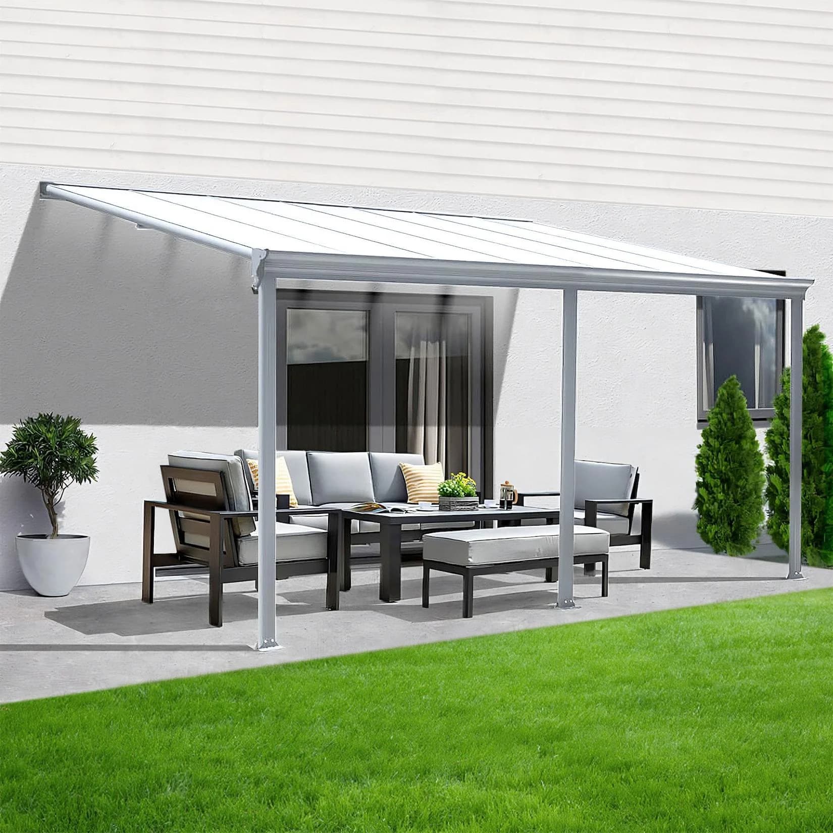 Terrassenüberdachung Aluminium 495 cm Bausatz Sichtschienen Hohlkammerplatten Weiß