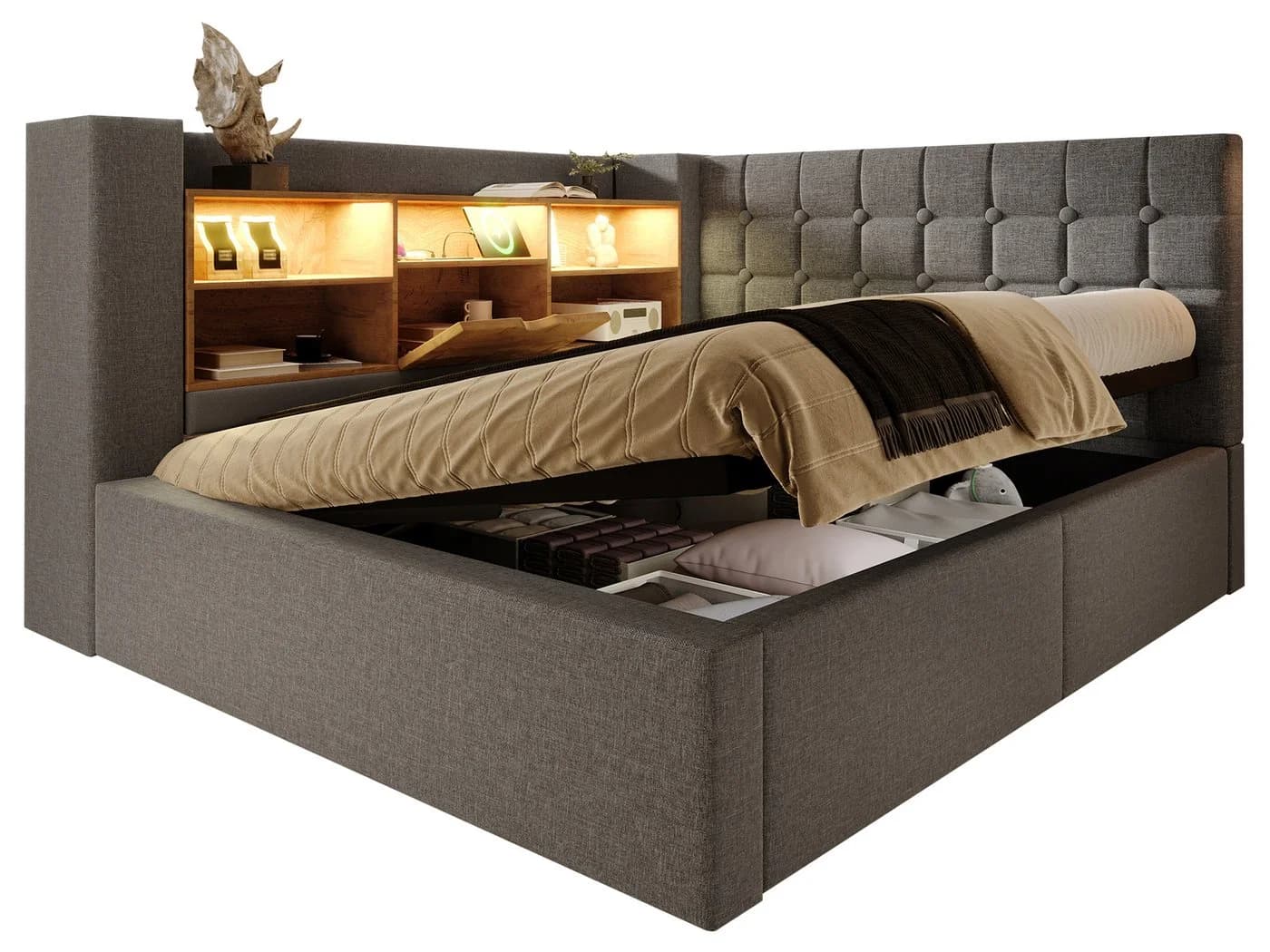SeedWave Daybett Leinen-Polsterbett mit Stauraum & LED-Beleuchtung Grau - Bild 2