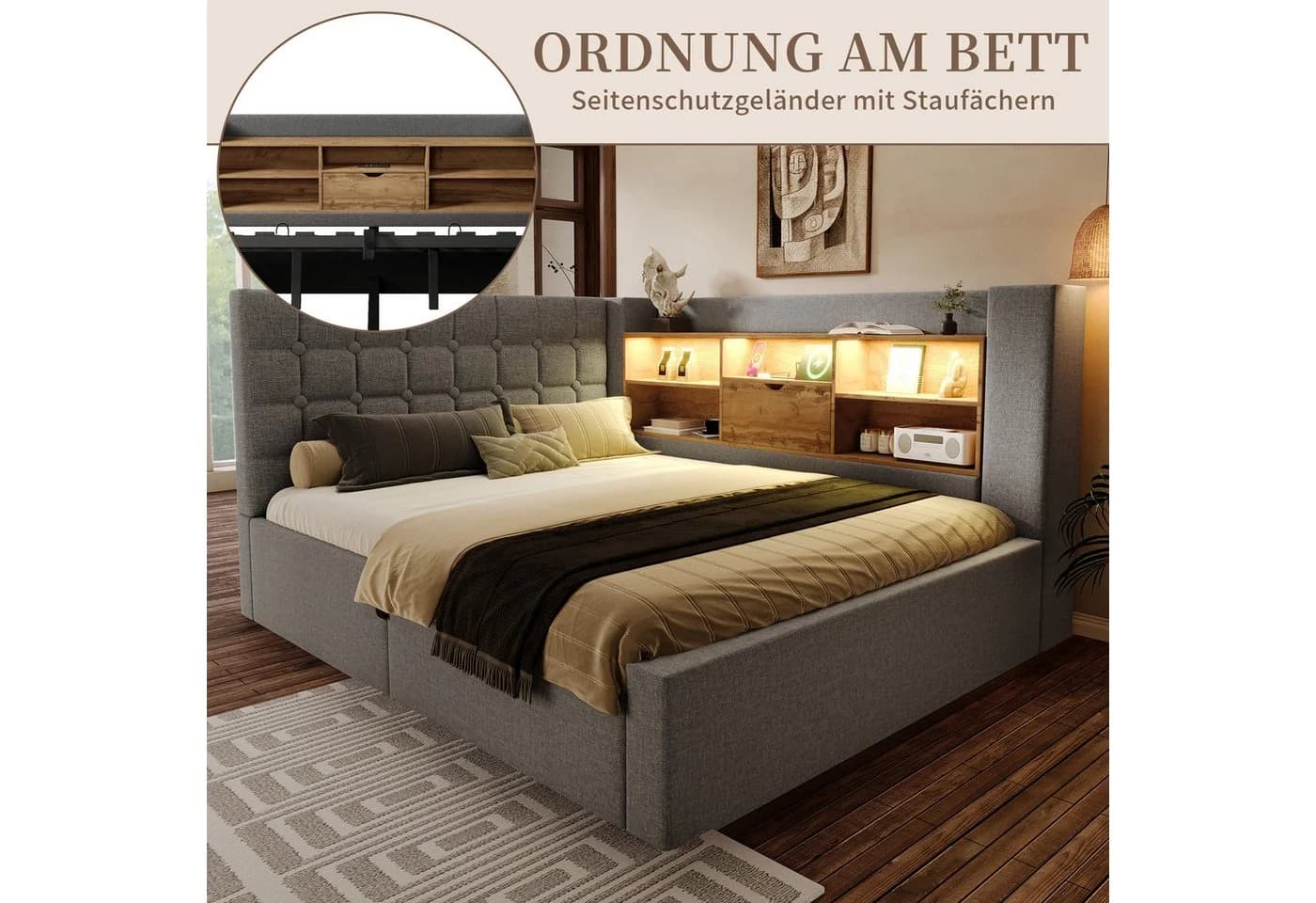 SeedWave Daybett Leinen-Polsterbett mit Stauraum & LED-Beleuchtung Grau - Bild 3