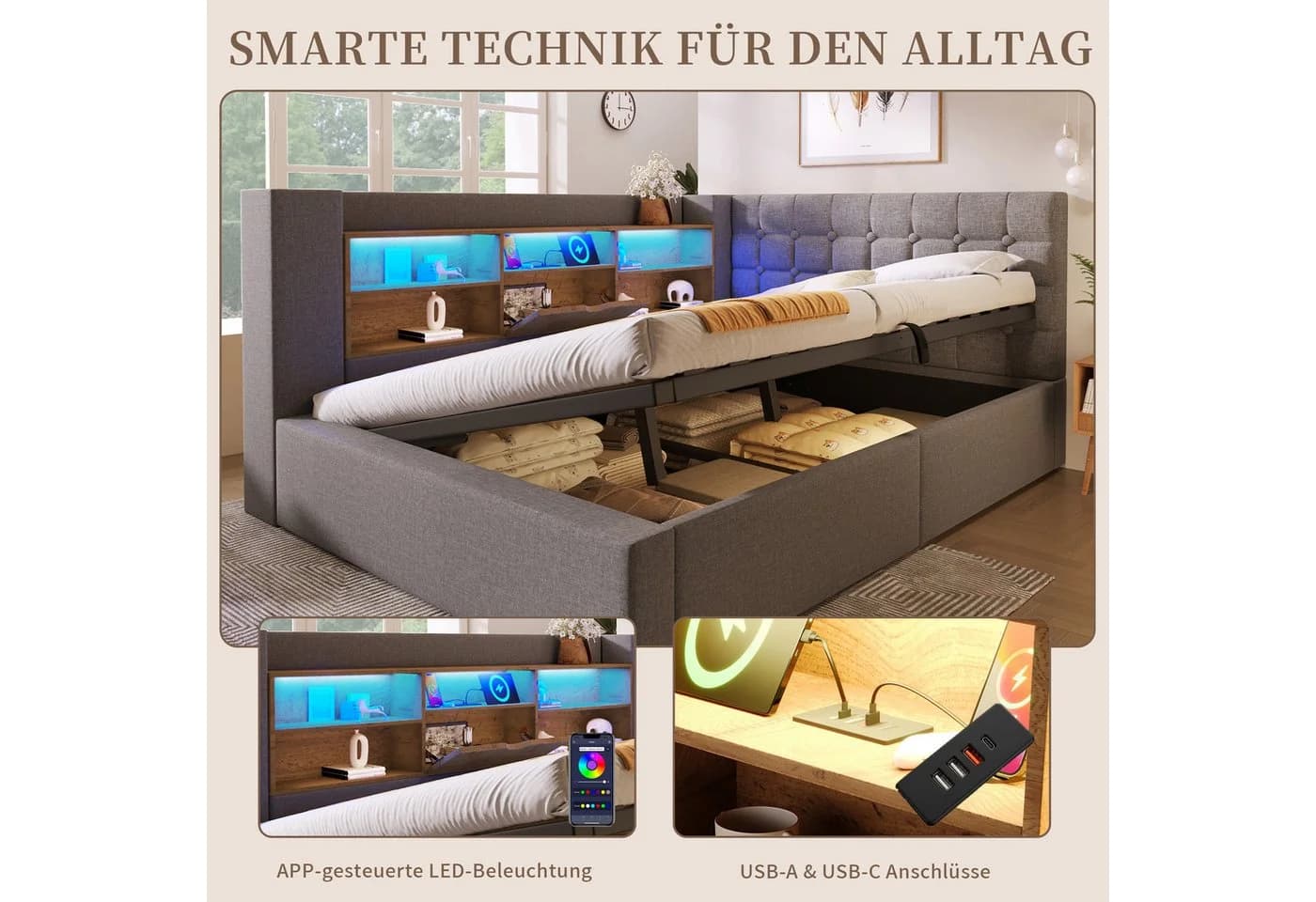 SeedWave Daybett Leinen-Polsterbett mit Stauraum & LED-Beleuchtung Grau - Bild 4