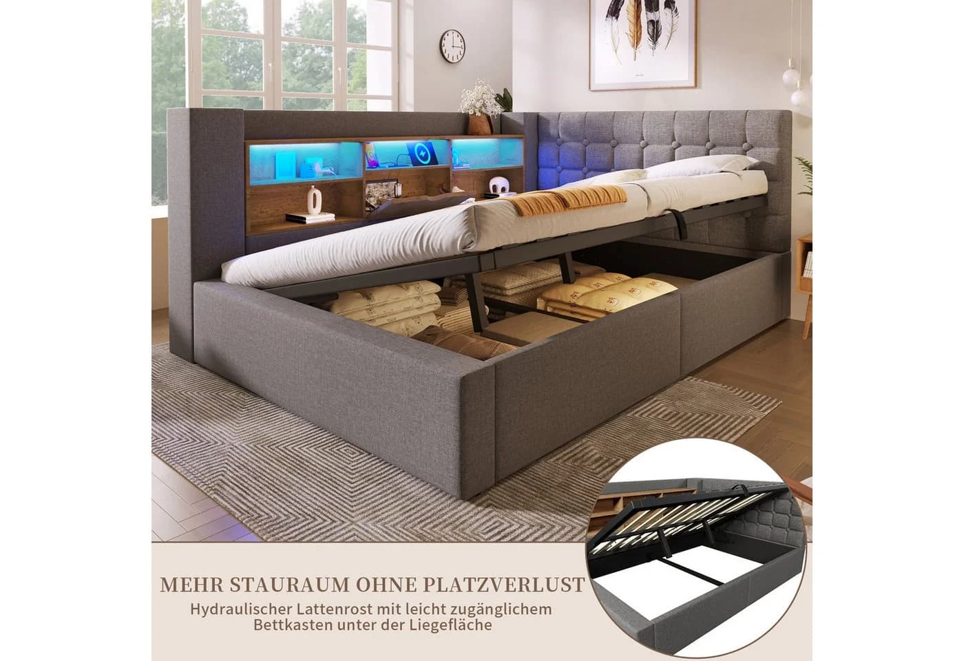 SeedWave Daybett Leinen-Polsterbett mit Stauraum & LED-Beleuchtung Grau - Bild 5