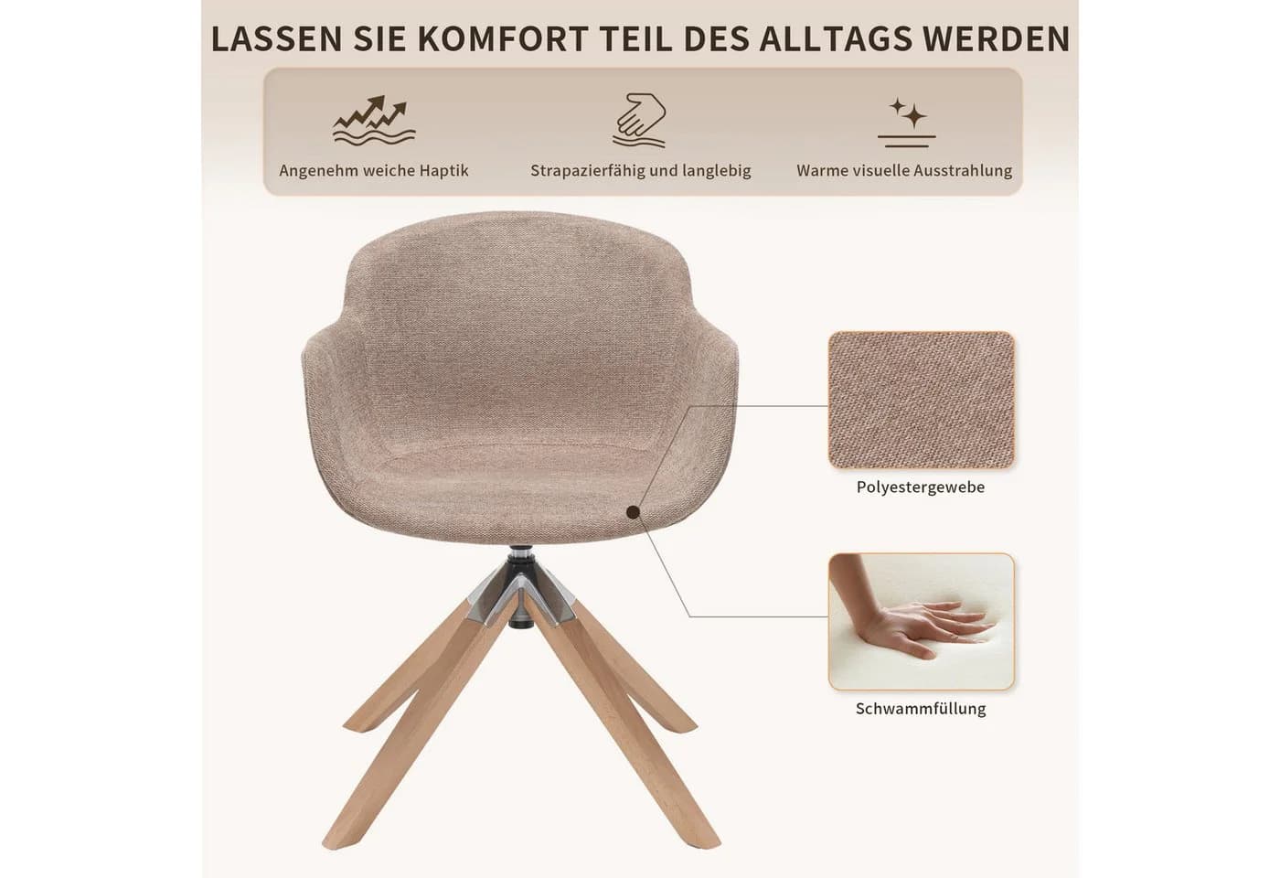 SeedWave Esszimmerstuhl drehbar 2er Set mit Armlehnen, Buchenholz, braun - Bild 5