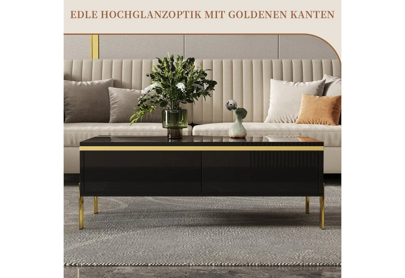 SeedWave Couchtisch Schwarz Hochglanz mit Schubladen