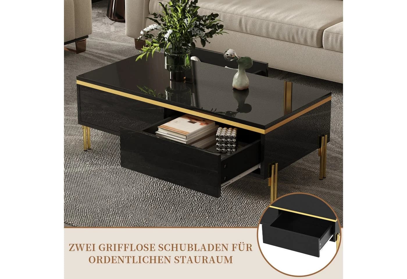 SeedWave Couchtisch Schwarz Hochglanz mit Schubladen - Bild 4