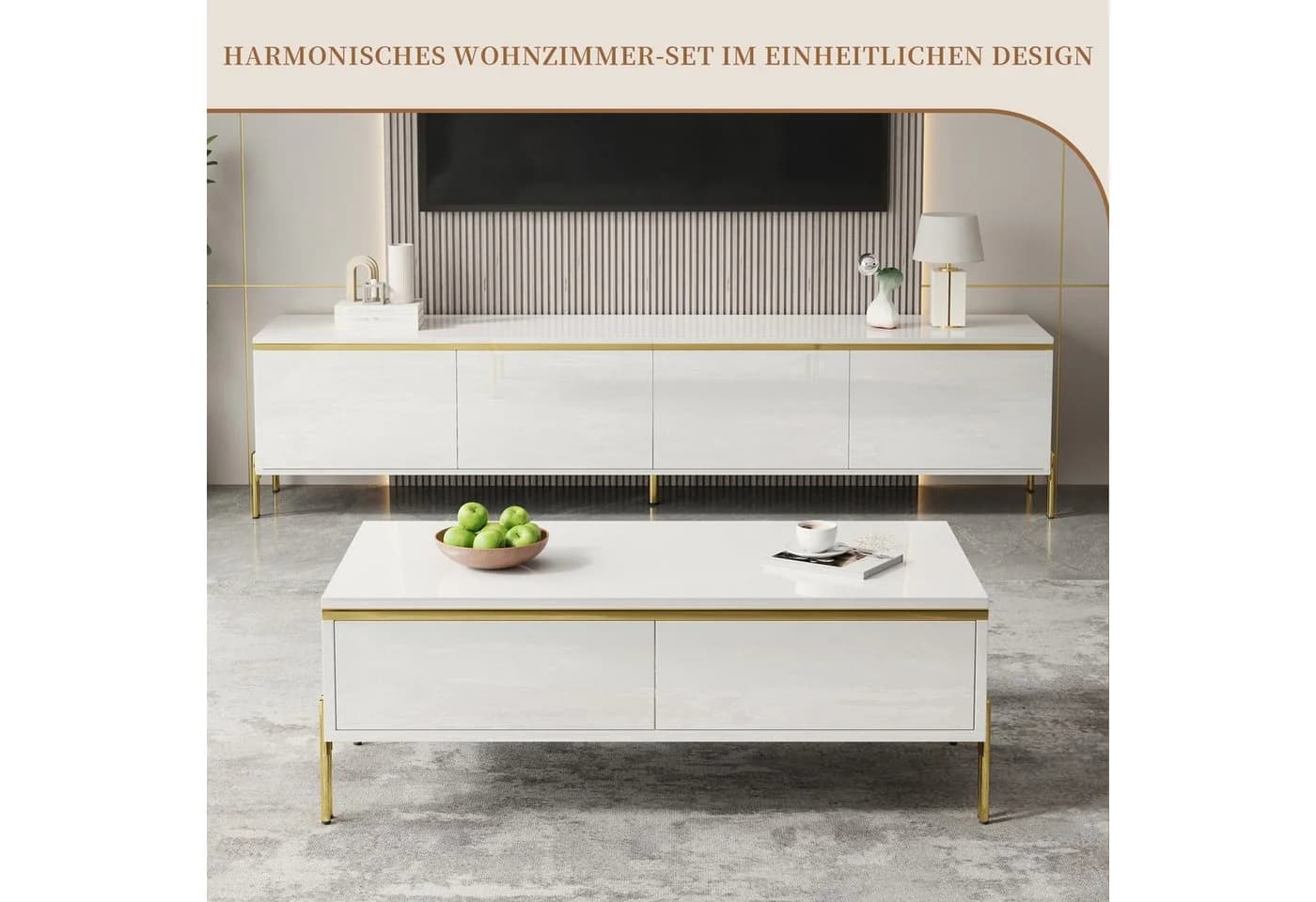 SeedWave Wohnzimmerset Lowboard & Couchtisch Weiß Hochglanz Gold