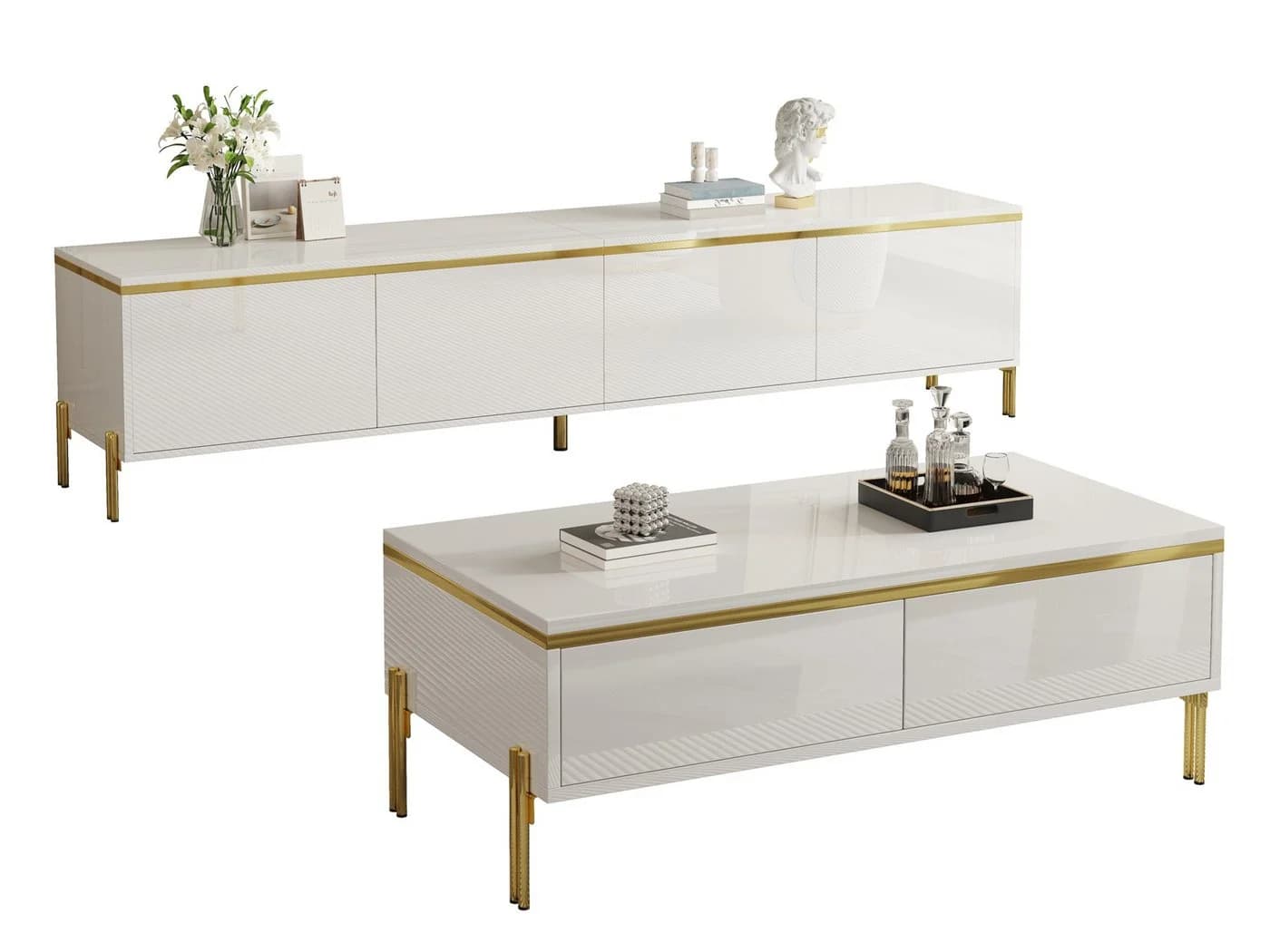 SeedWave Wohnzimmerset Lowboard & Couchtisch Weiß Hochglanz Gold - Bild 2