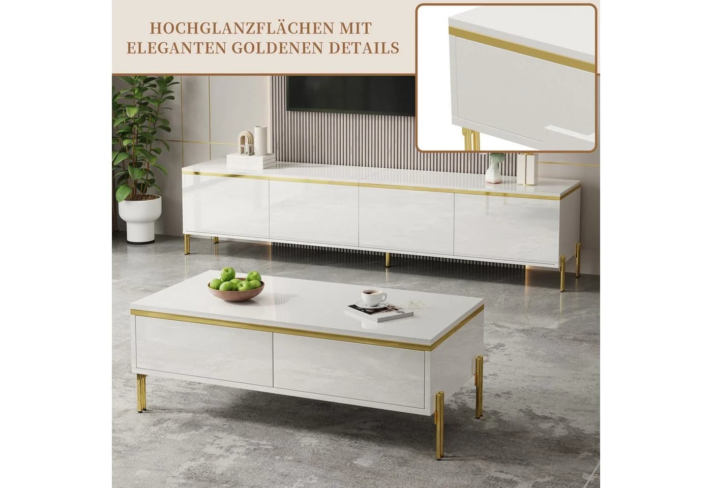 SeedWave Wohnzimmerset Lowboard & Couchtisch Weiß Hochglanz Gold - Bild 3