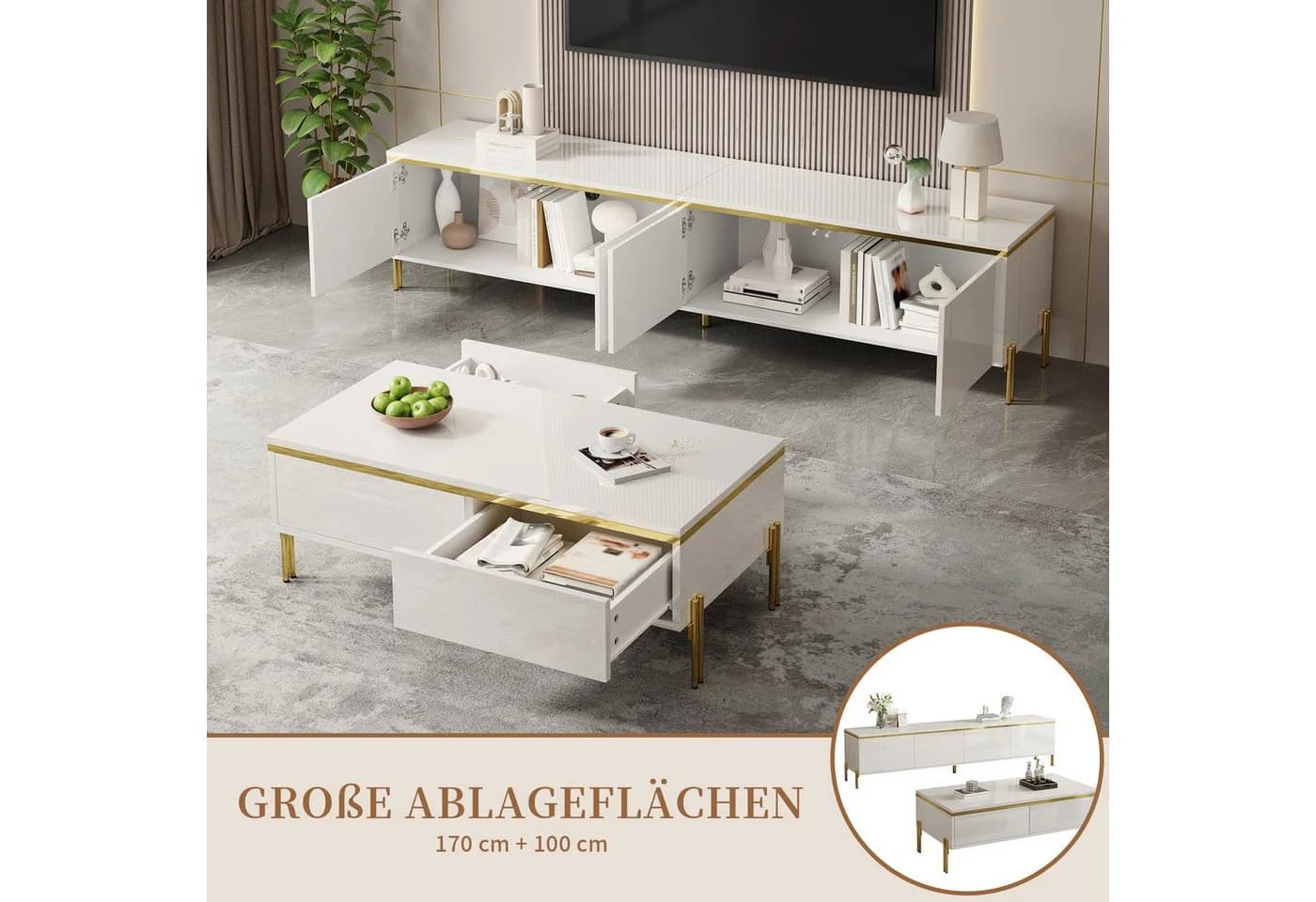 SeedWave Wohnzimmerset Lowboard & Couchtisch Weiß Hochglanz Gold - Bild 4