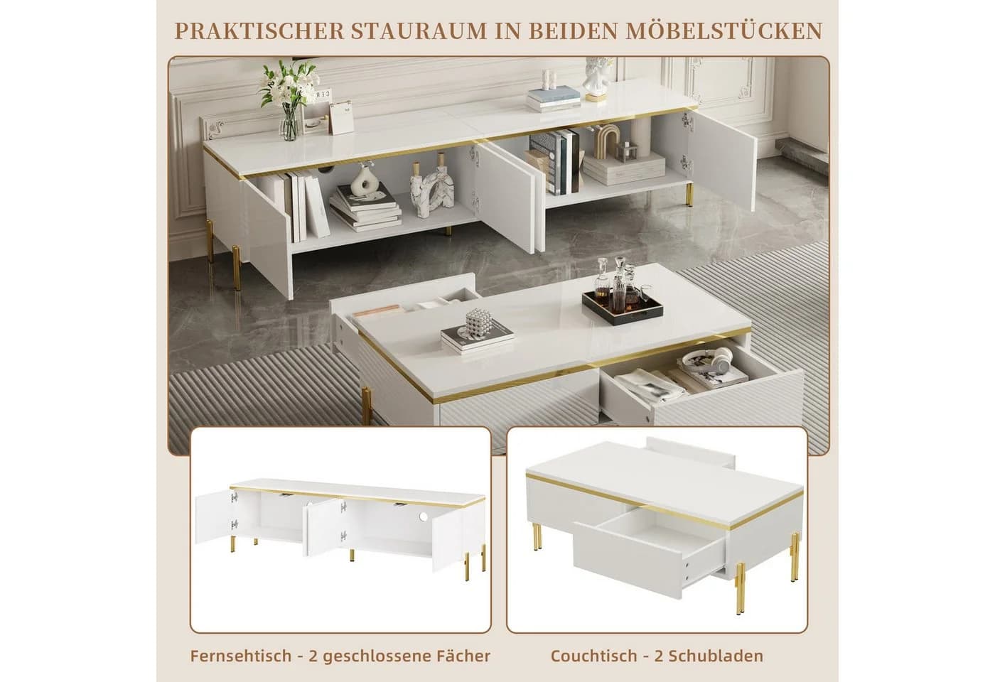 SeedWave Wohnzimmerset Lowboard & Couchtisch Weiß Hochglanz Gold - Bild 5