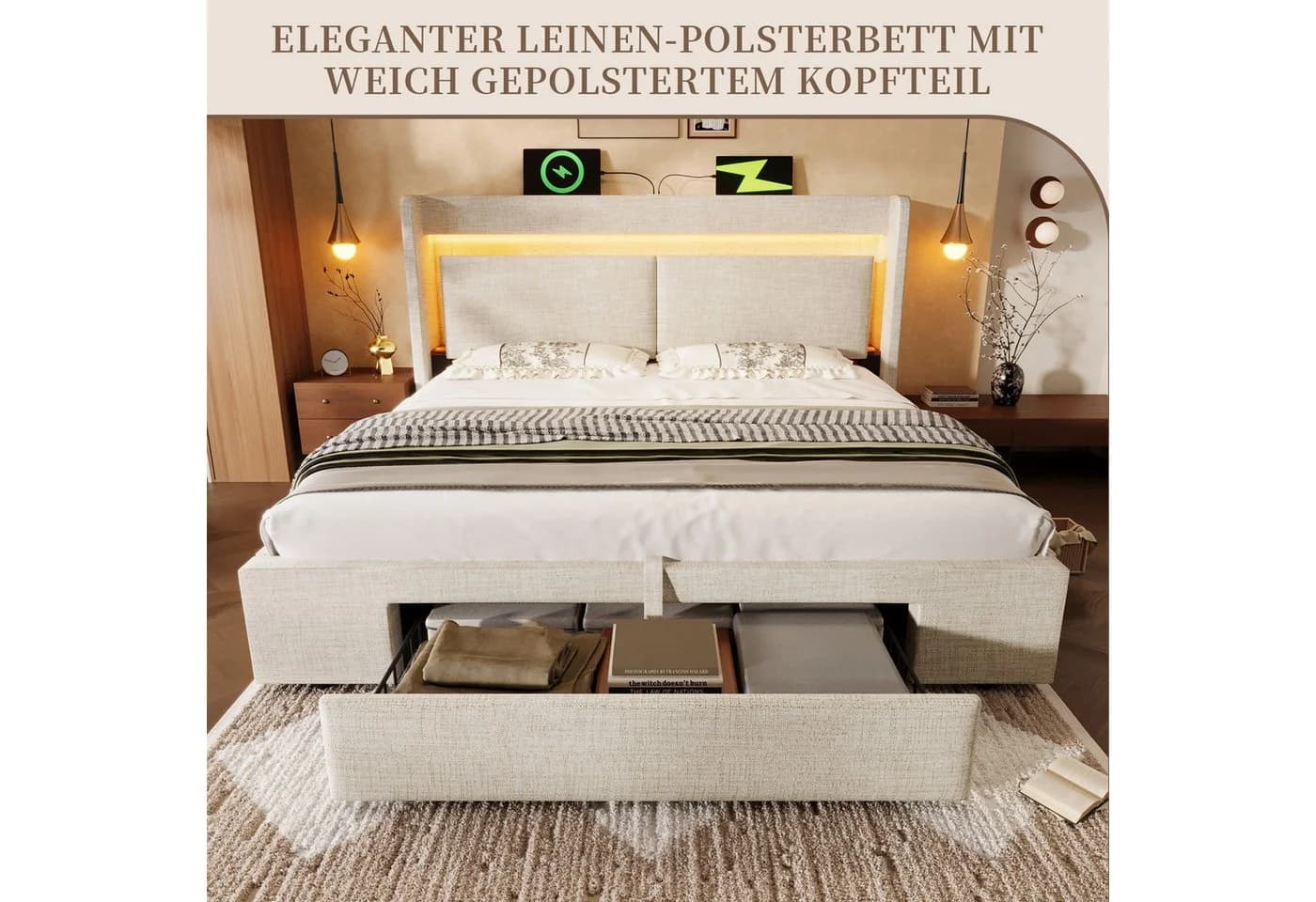 SeedWave Polsterbett Beige mit LED, Stauraum & Ladefunktion