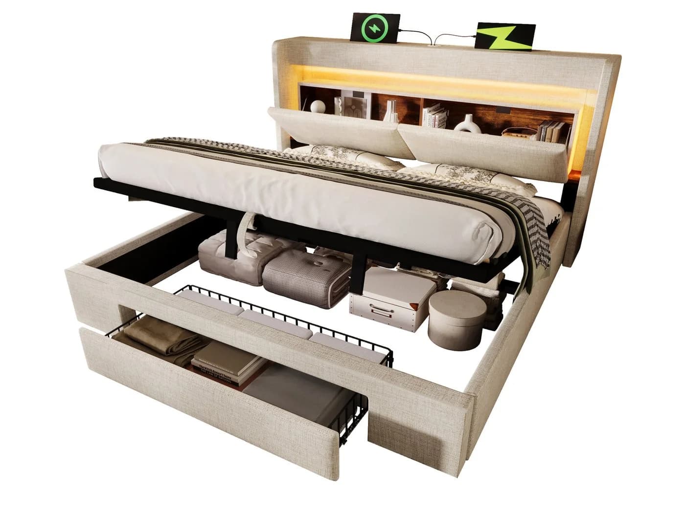 SeedWave Polsterbett Beige mit LED, Stauraum & Ladefunktion - Bild 2