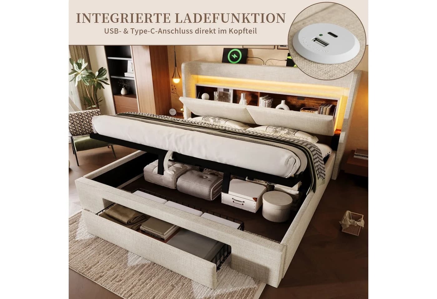 SeedWave Polsterbett Beige mit LED, Stauraum & Ladefunktion - Bild 3