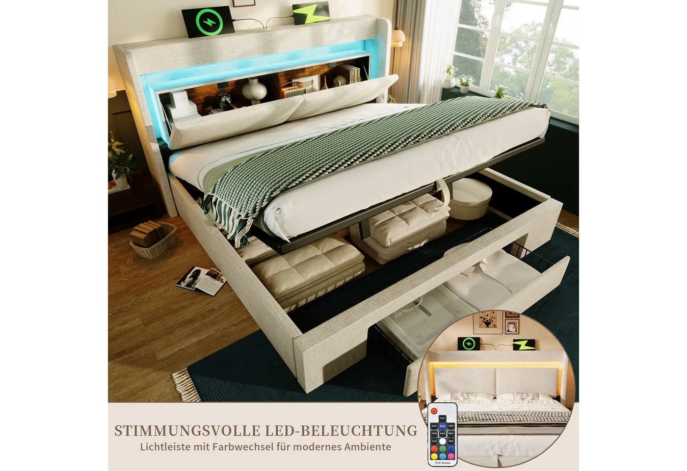 SeedWave Polsterbett Beige mit LED, Stauraum & Ladefunktion - Bild 4