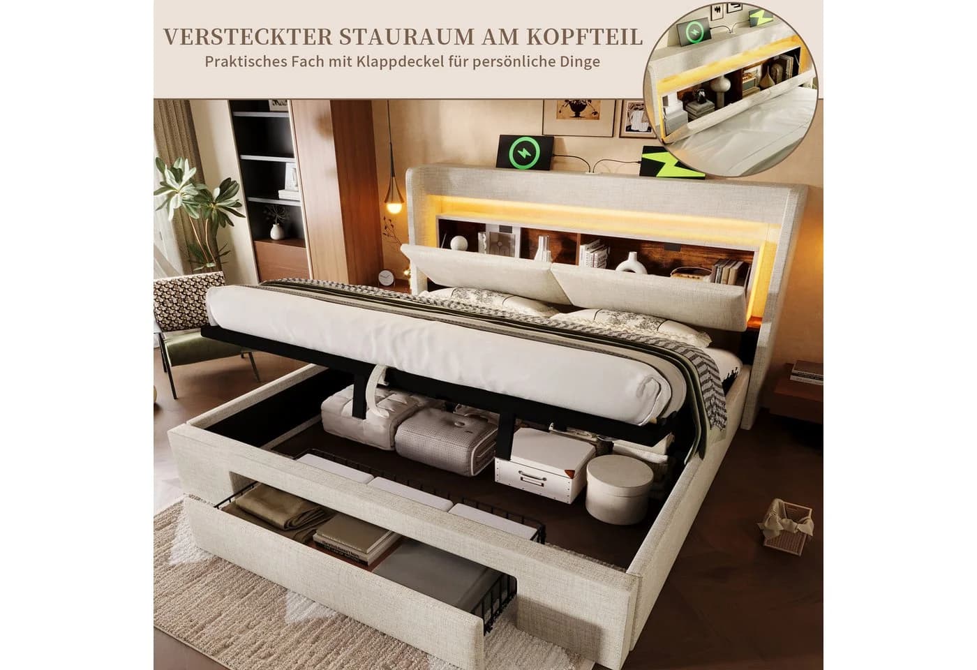 SeedWave Polsterbett Beige mit LED, Stauraum & Ladefunktion - Bild 5