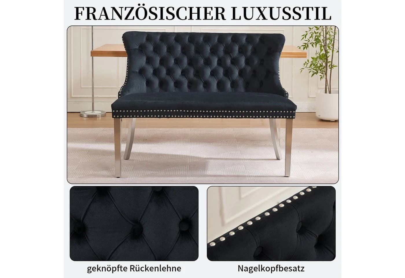 SeedWave Esszimmerbank Samt Schwarz Silberbeine Französischer Luxusstil - Bild 3