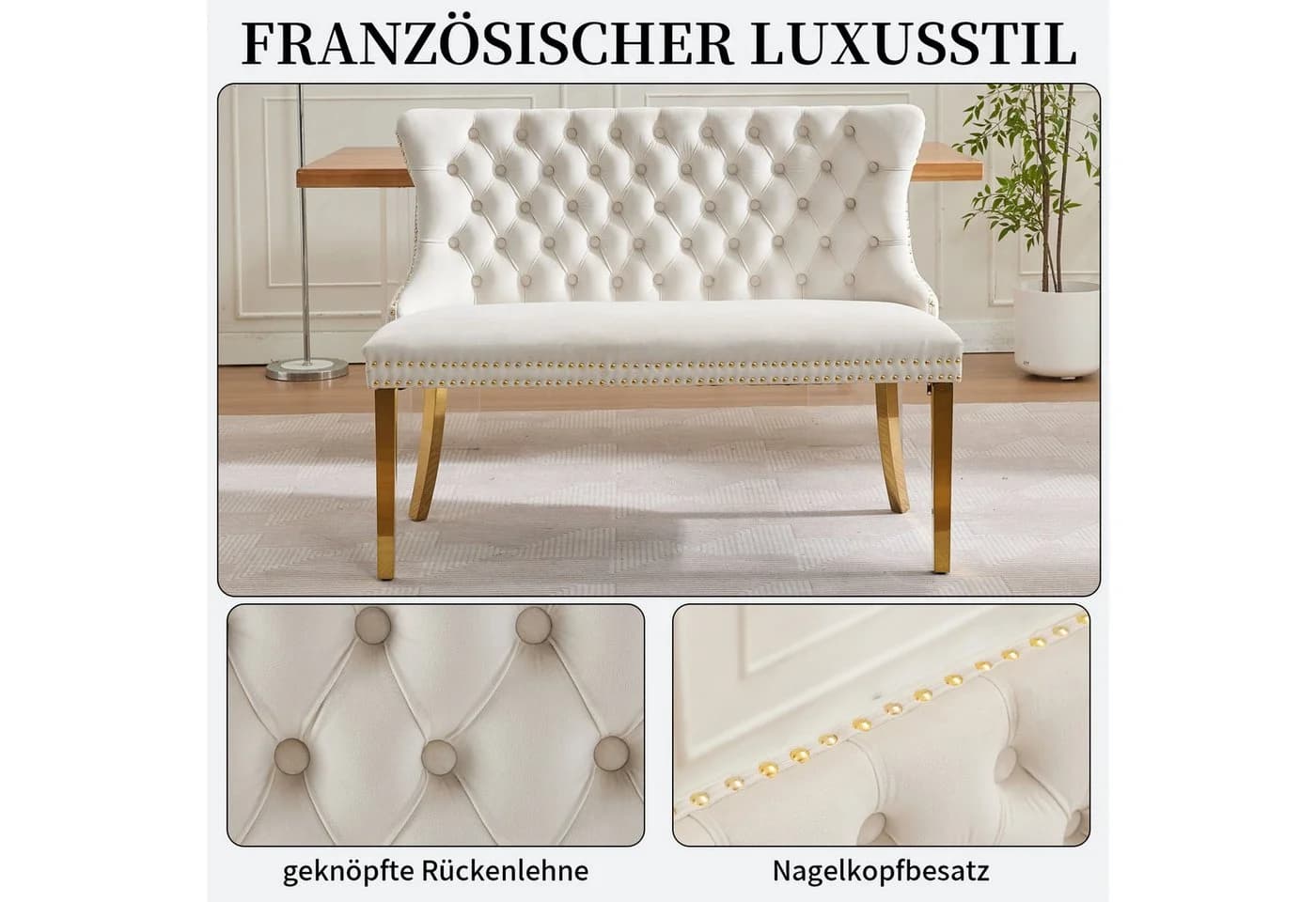 SeedWave Esszimmerbank Samt Beige/Gold Französischer Luxusstil - Bild 3