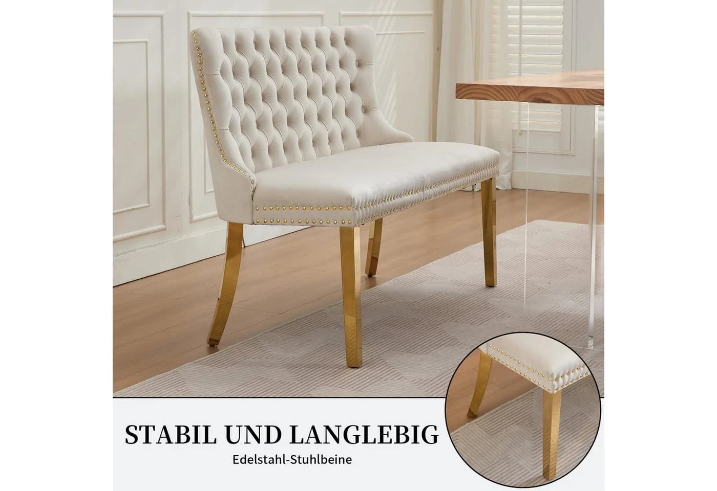 SeedWave Esszimmerbank Samt Beige/Gold Französischer Luxusstil - Bild 5