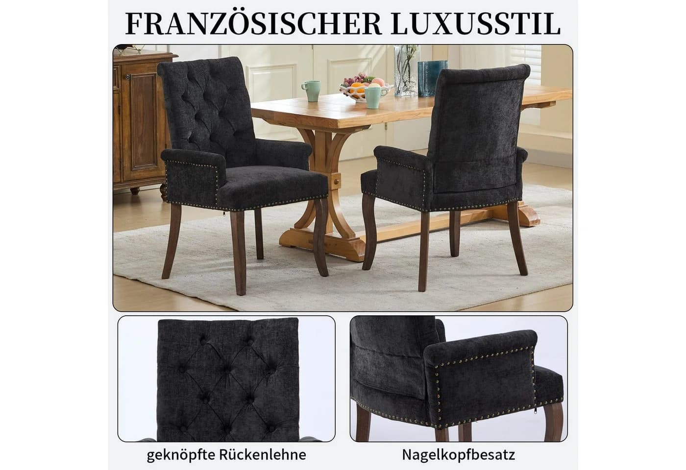 SeedWave Esszimmerstuhl Chenille Schwarz Geknöpfte Rückenlehne Massivholz - Bild 3