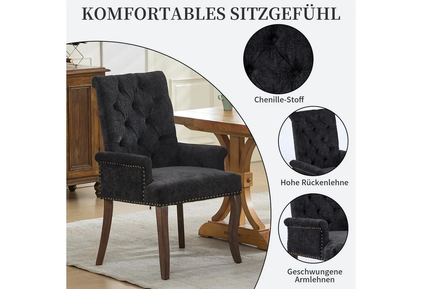 SeedWave Esszimmerstuhl Chenille Schwarz Geknöpfte Rückenlehne Massivholz - Bild 4