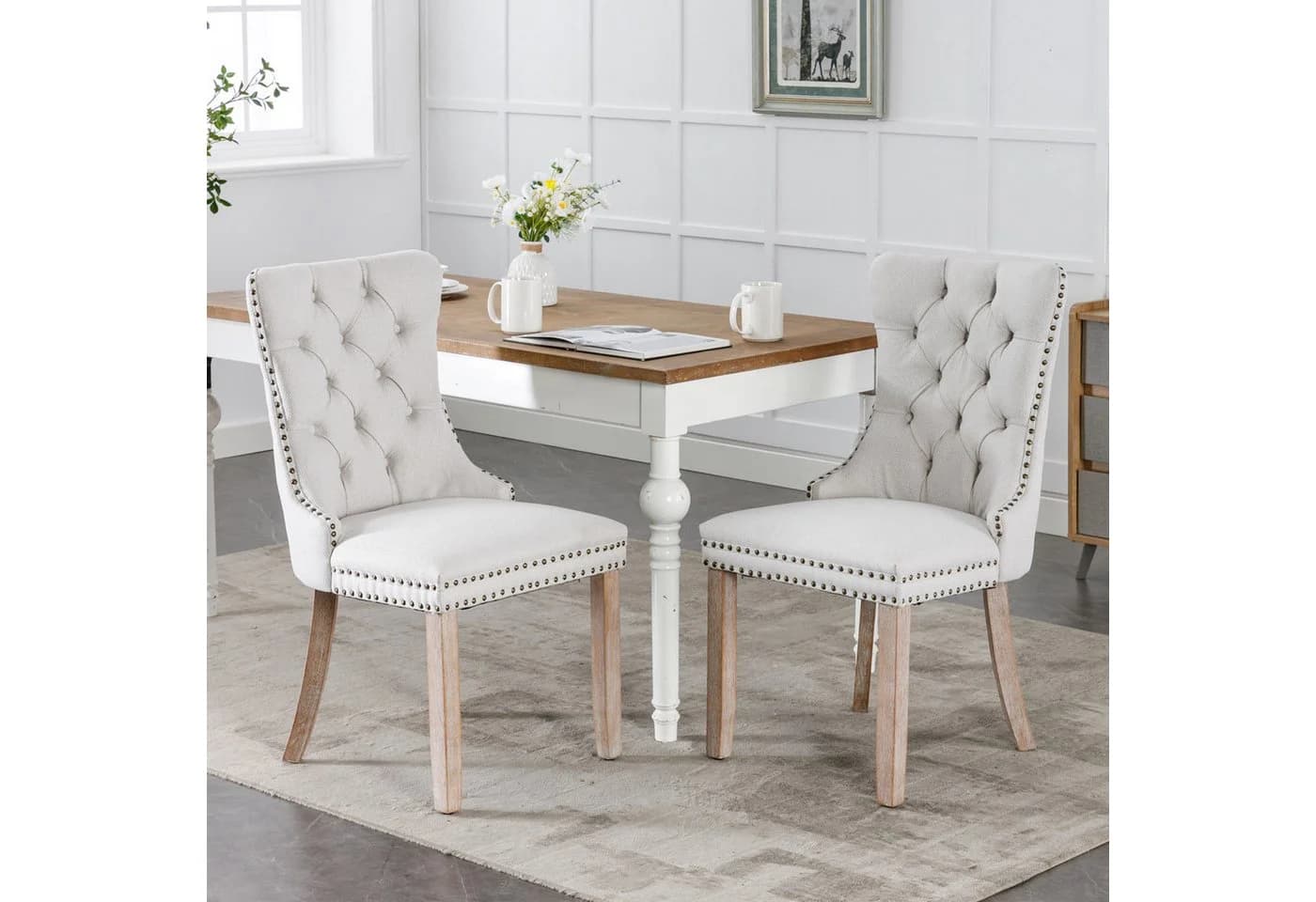 SeedWave Esszimmerstuhl 2er Set Leinen beige mit Massivholzfüßen