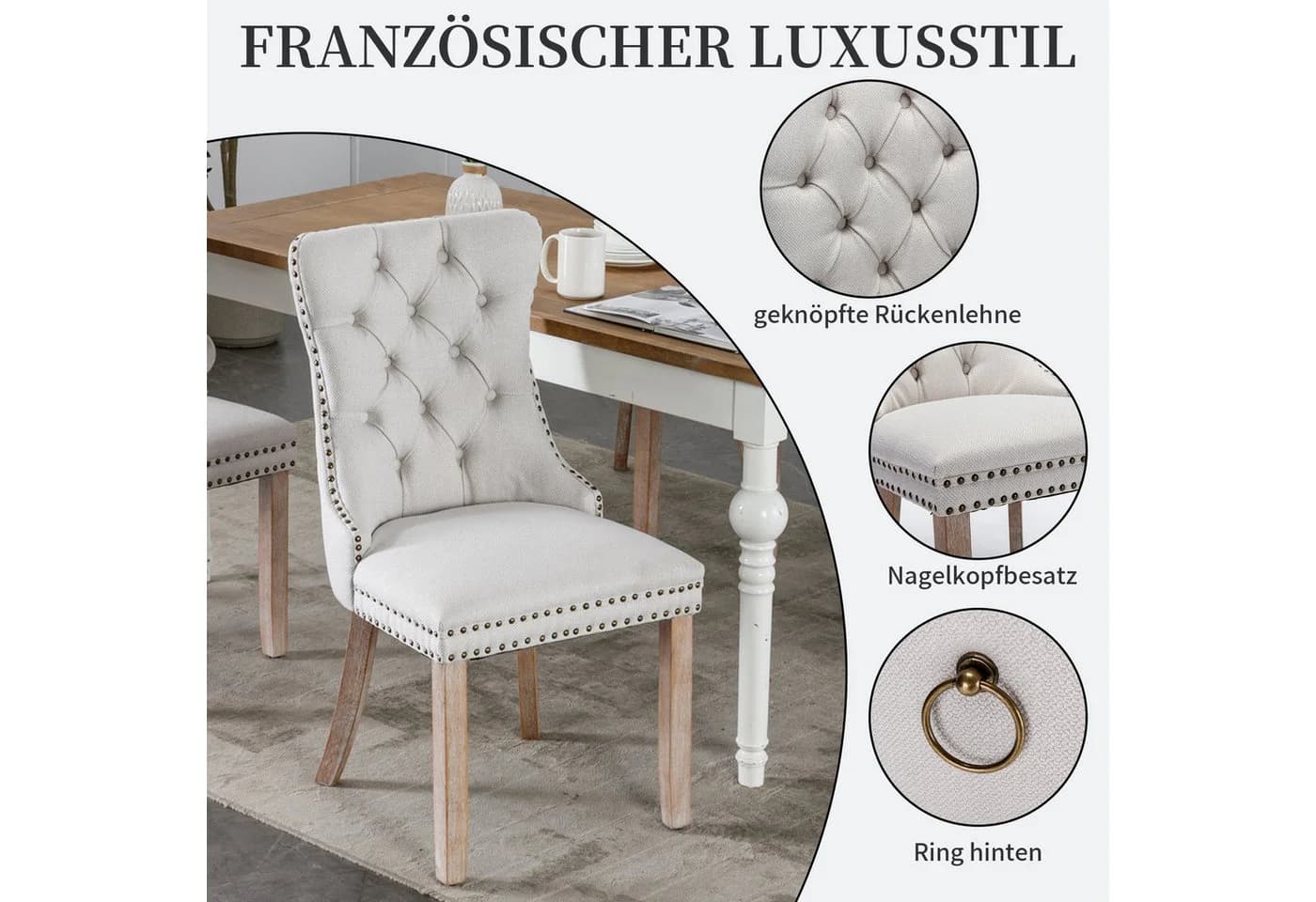SeedWave Esszimmerstuhl 2er Set Leinen beige mit Massivholzfüßen - Bild 3