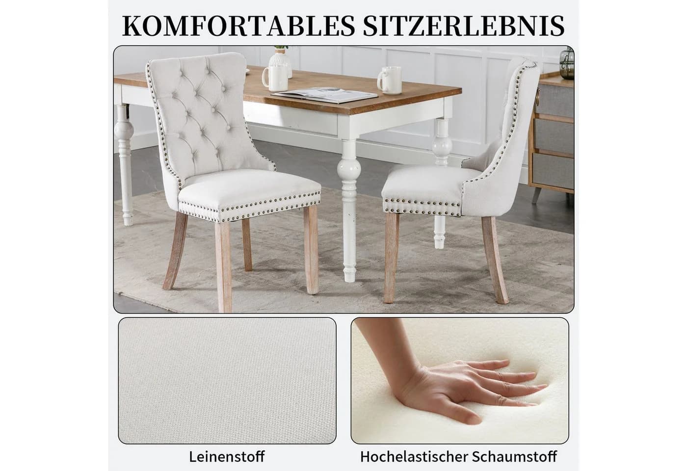 SeedWave Esszimmerstuhl 2er Set Leinen beige mit Massivholzfüßen - Bild 4