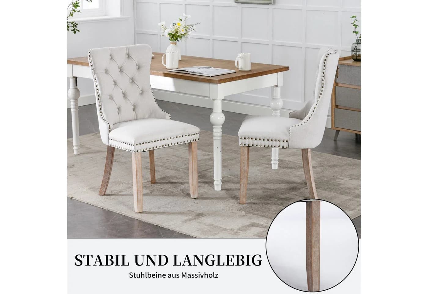 SeedWave Esszimmerstuhl 2er Set Leinen beige mit Massivholzfüßen - Bild 5