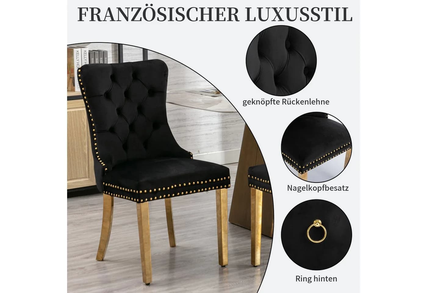 SeedWave Esszimmerstuhl 2er Set Schwarz/Gold Samt mit Ziernieten - Bild 3